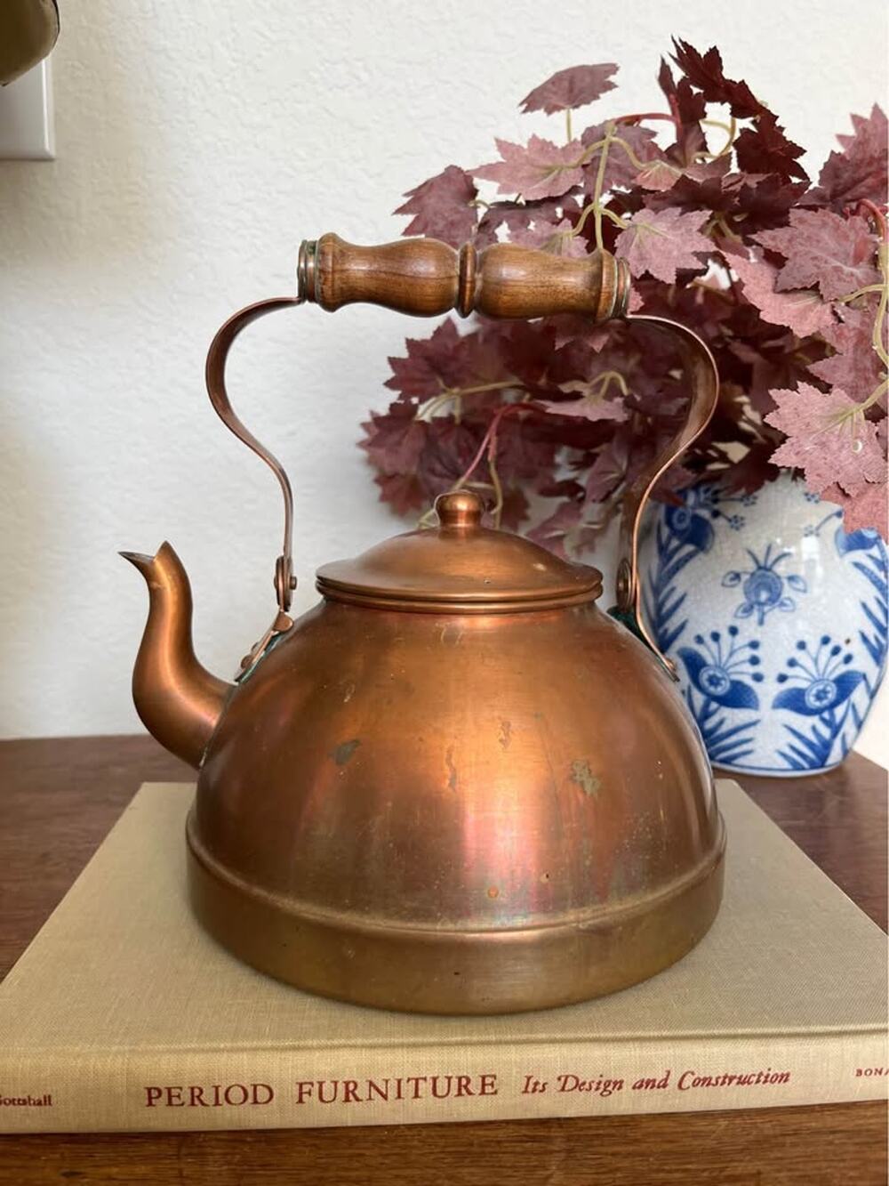 Vintage Copper Tea Kettle with Wood Handle